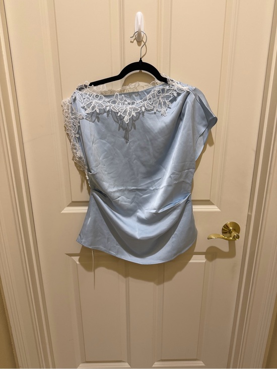 Commense Tops - Commense Pale Blue Satin Top with White Lace Yoke